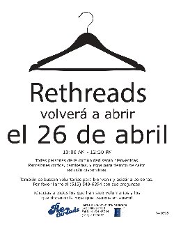 Rethreads clothing and accessories pantry is open Saturday, April 26 from 10a-12:30p, at Fairfield Church of the Nazarene, 1425 Nilles Rd.